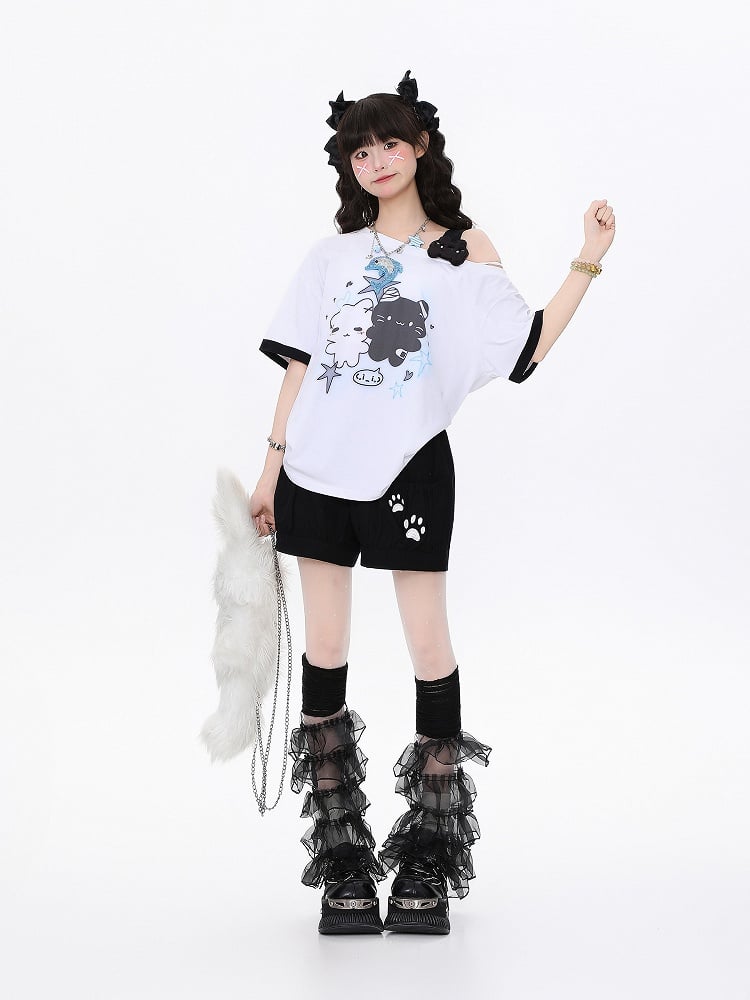Playful Kitten One-Shoulder Tee Blue/Apricot/WhiteBlack