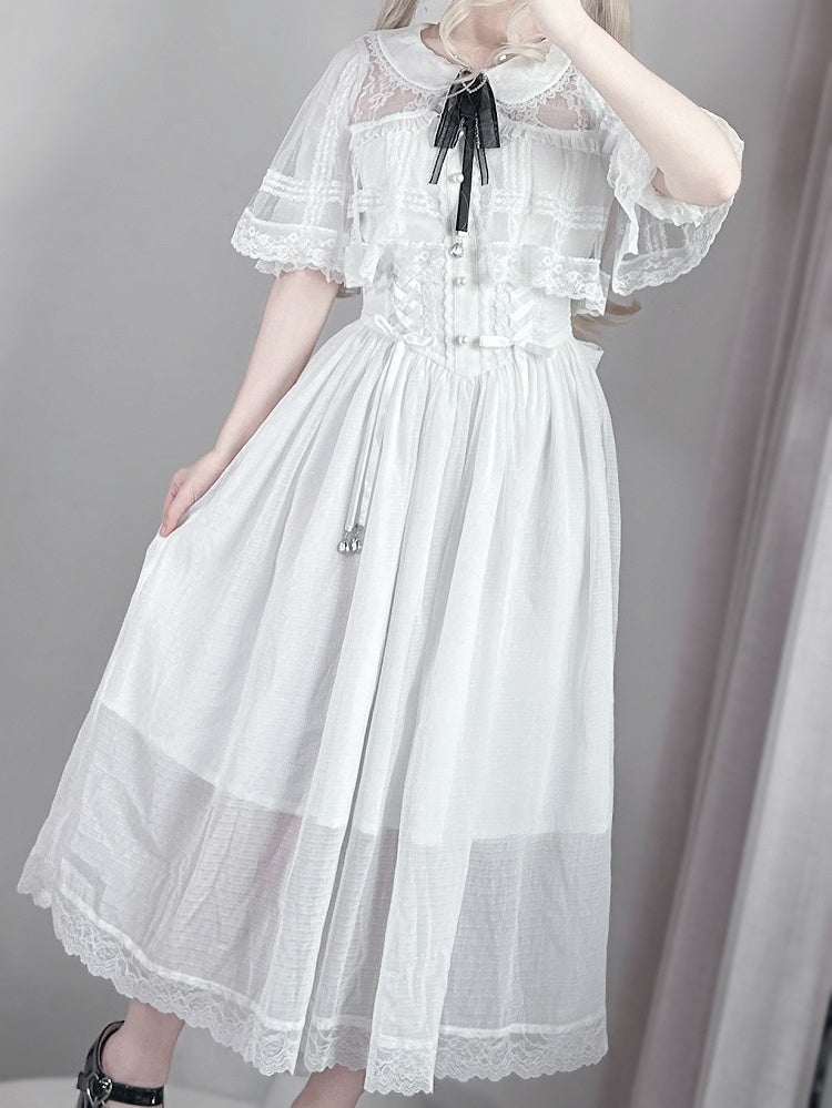 Kei Design Jirai Long and Lace-up Waist Fabric with Cape White Dress Chiffon