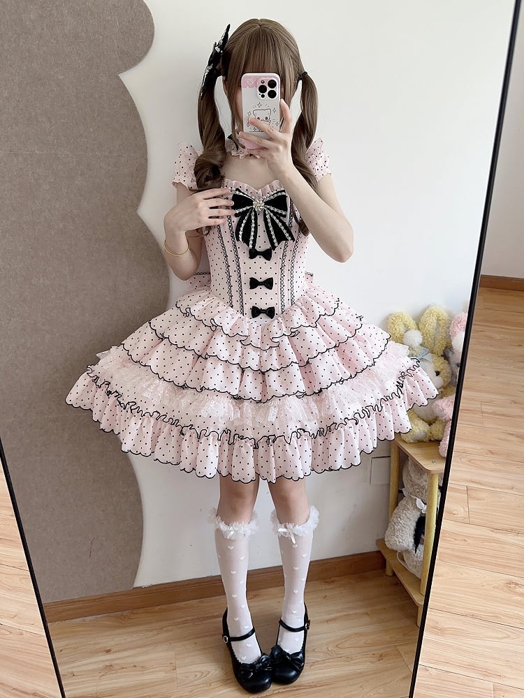 Ärmeln Stäbchen Abnehmbare Süße Taille Kleid mit Retro Polka Dots Lolita Rosa Puff