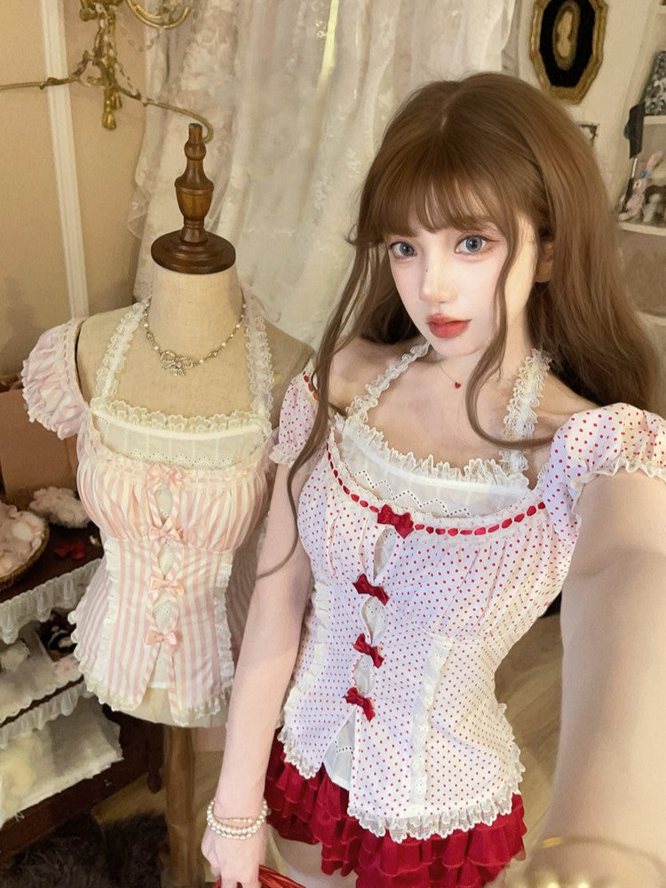 Bow Accents Top Polka-dot Sleeves Lace Halter Puff Red With