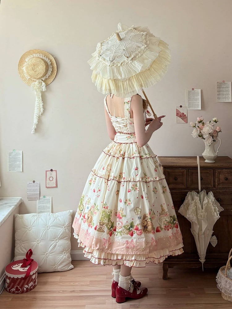 Floral Pink Hemline Lolita Fashion Dress Bunny Print House Strawberry and