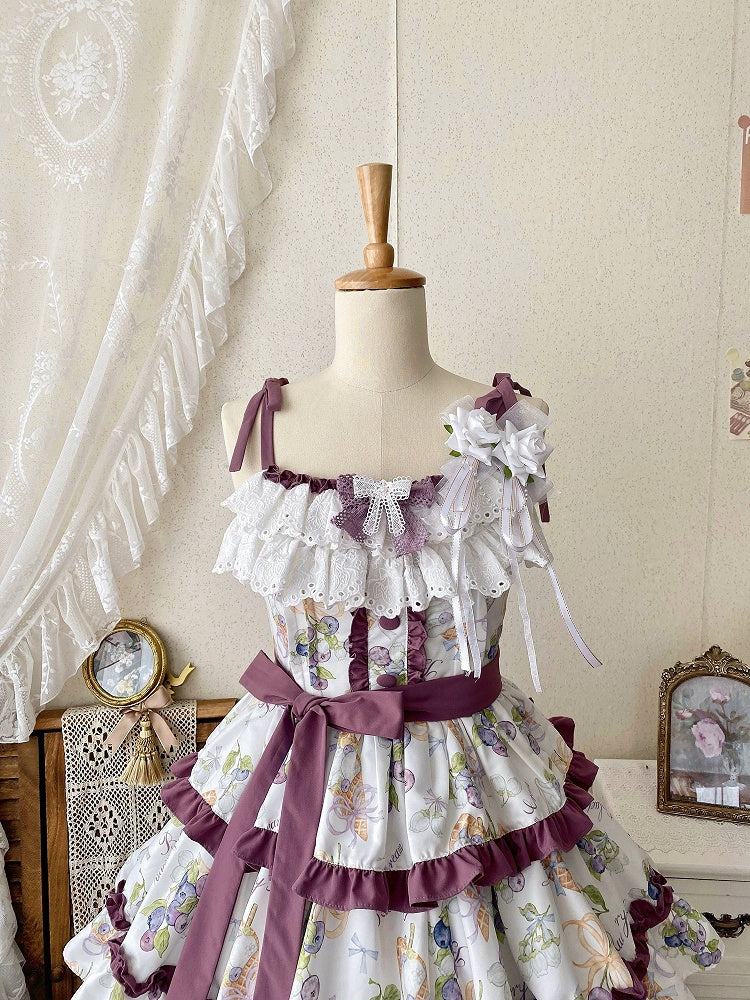 Lolita Skirt and Trimming Blueberry Ruffle Purple Ice Dress Print Tiered Cream