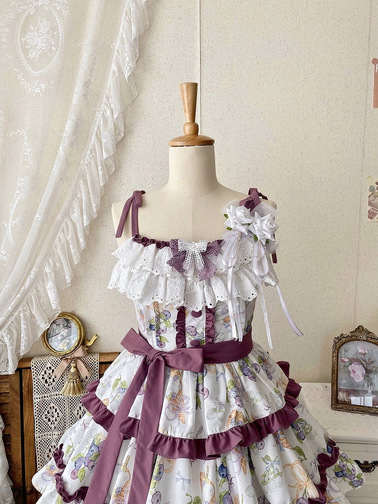 Lolita Ruffle and Ice Cream Purple Skirt Tiered Blueberry Dress Print Trimming