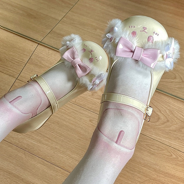 Details Schnallenschuhe Lolita Süßes Gelb-Rosa Häschen Mit Zehen-Ohr Runden Riemen Bowknot Plüsch