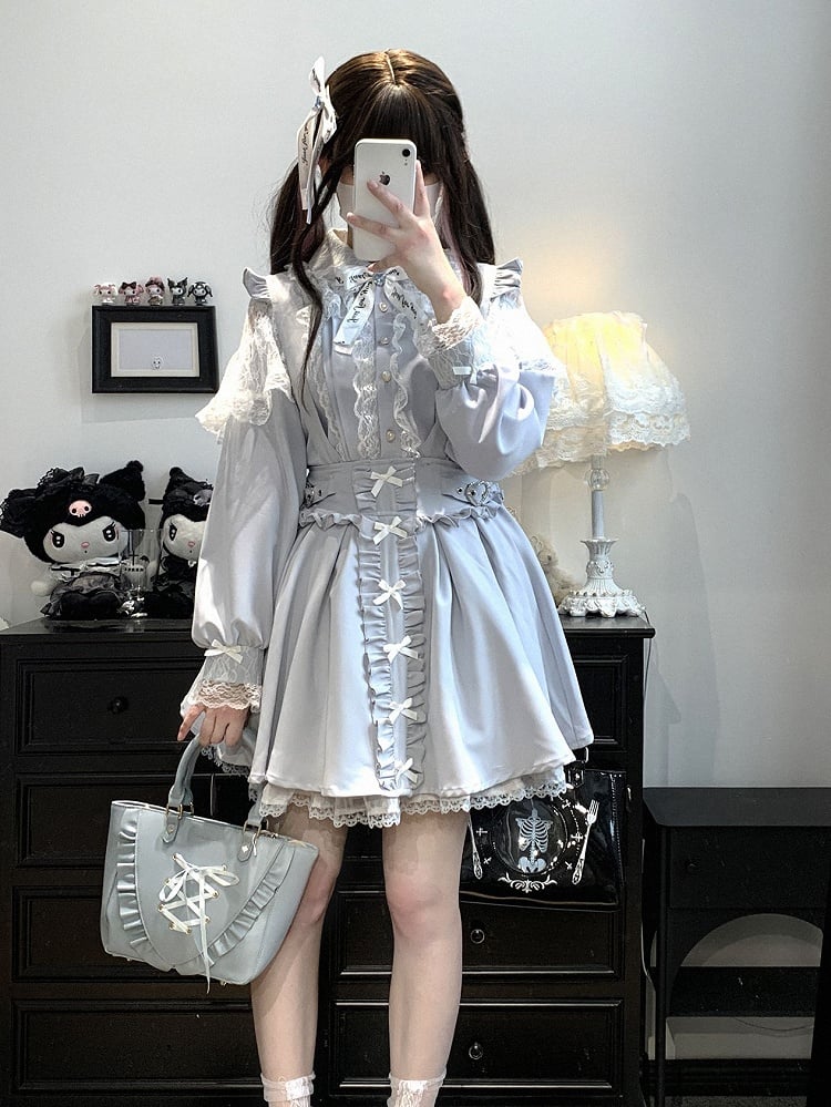 Trim Lace Shorts Dress With Blue/White/Pink/Black Kei Bowknot Details Jirai Overall