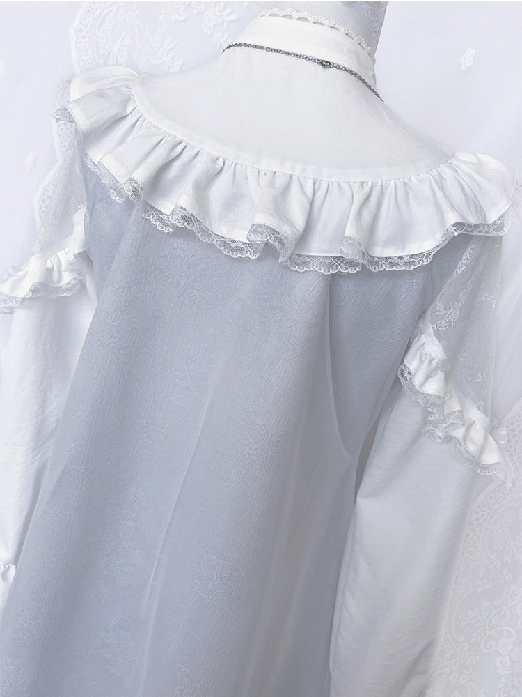 Robe Jirai Kei bleu clair à manches longues et bordures en dentelle style mines terrestres