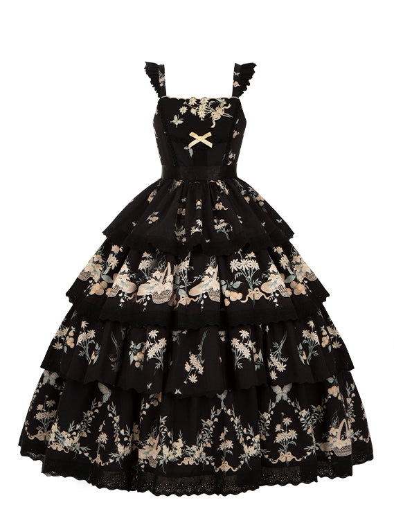 Rock Classic und Lolita Stufenpullover Print Blumen Lilienkleid Kirschschwarz