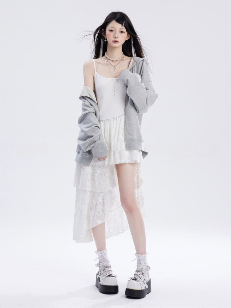Waist and White Asymmetrical Waistline Lace Hem Slip Dress with Chain Free