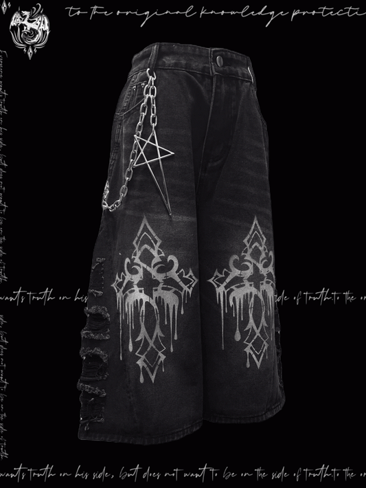Wide-Leg Jeans Hem Raw Dark Gray Cross Print Distressed Holes
