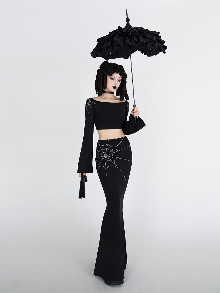 Gothic Black Spiderweb Bell Sleeves Cropped Top
