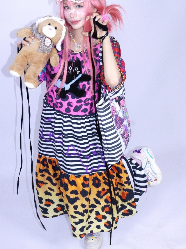 Sleeves Print Pink Puff Leopard Gyaru Fashion Dress