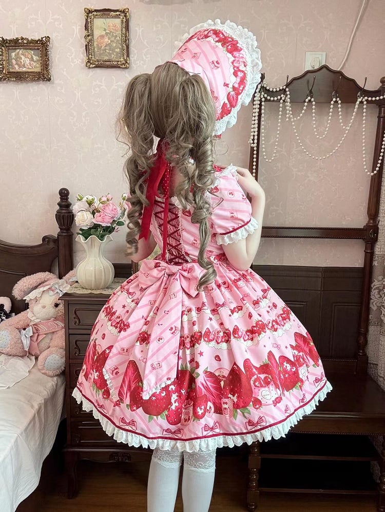 Set Strawberry Dress Sweet Lolita Short Sleeves Full Print Pink