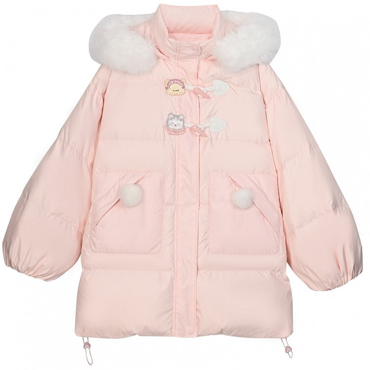 Pink Cute Bear and Kitty Plush Trim Hooded Down Coat
