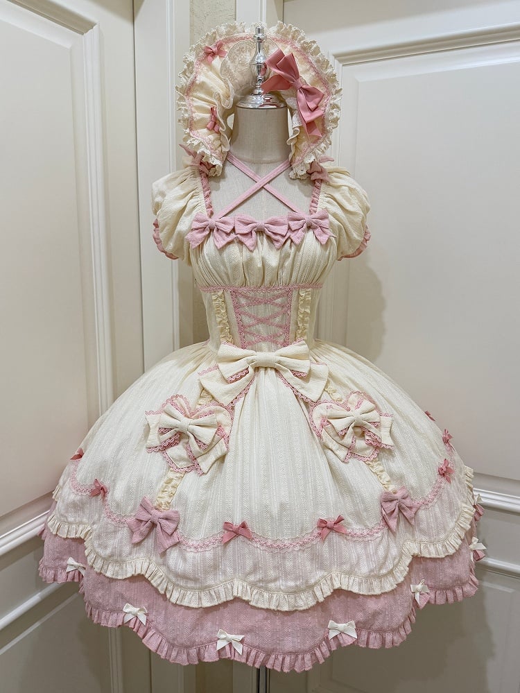Gewellter Rand, Scool Lolita-Baumwolle, gelber Rock, Akzente, rosa Kleid und Schleife, alte Borte