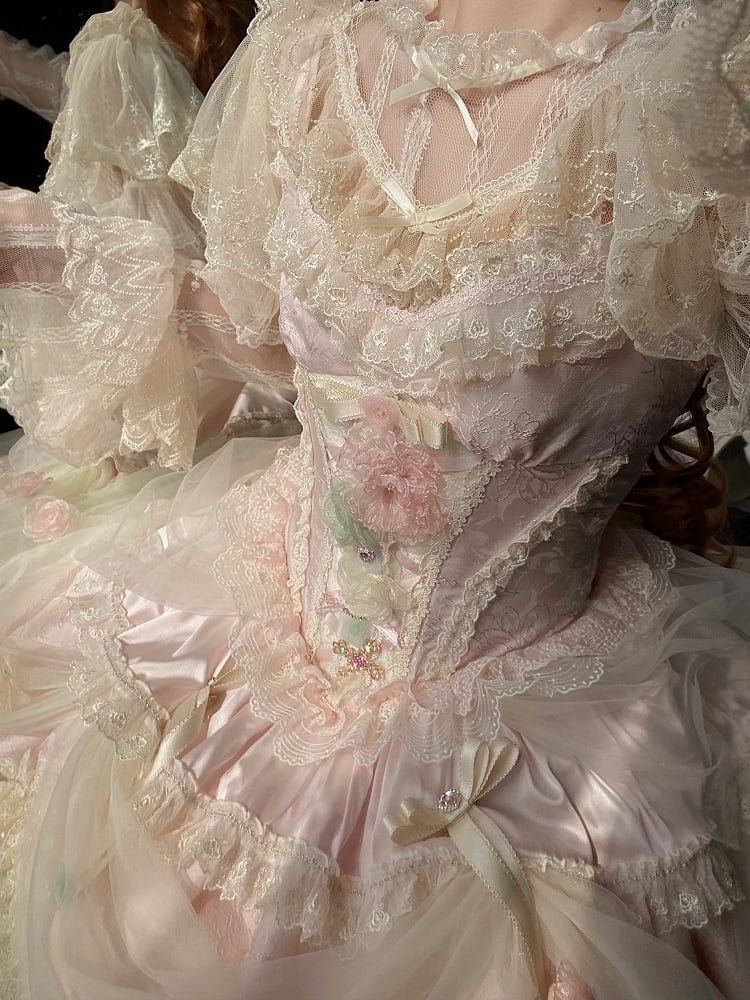 Pink Floral Fairy Boned Corset Waist Hanayome Princess Lolita JSK Full Set