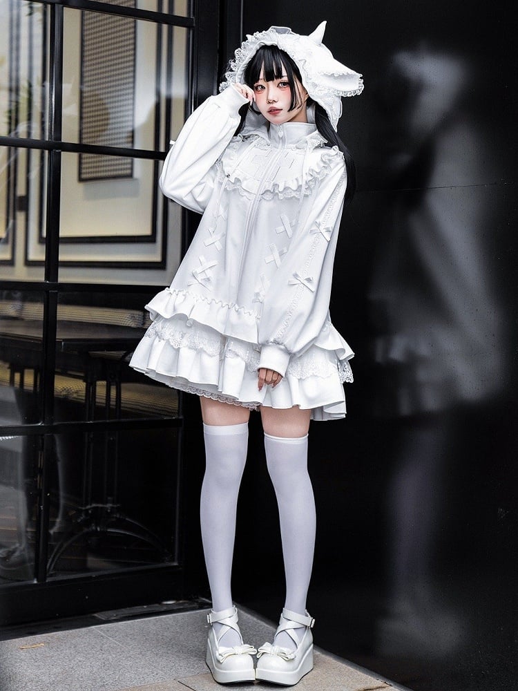Embroidery Kei-inspired White Jirai Cross High Neck Goth Dress