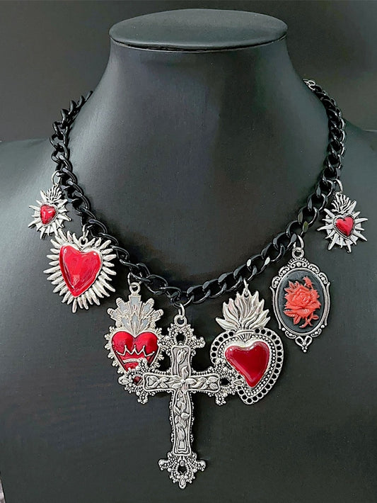 Heart Necklace Red/Black Y2K Cross Pendant Floral And