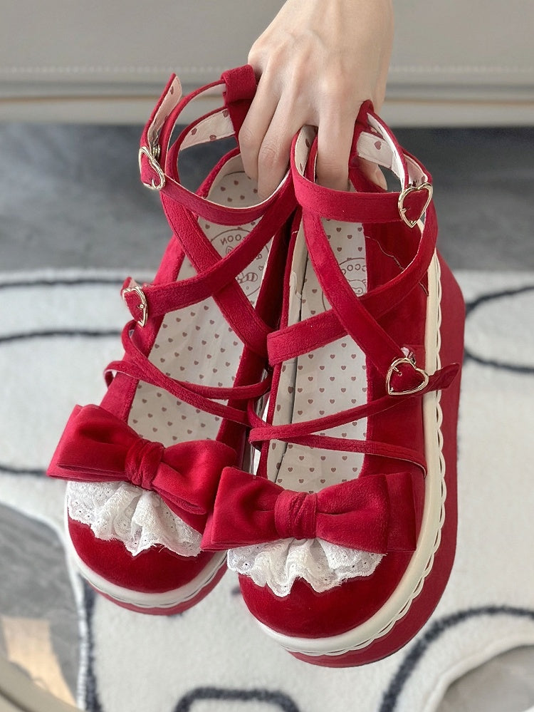 Lolita Velvet with Red Mary Janes - Crisscross Romantic for Lace Bow Design Accented Clasp
