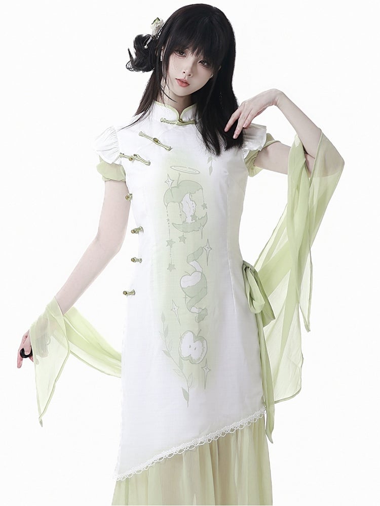 Banded Dress Qipao Collar Apple Print Cheongsam Style Buttons Green Knot