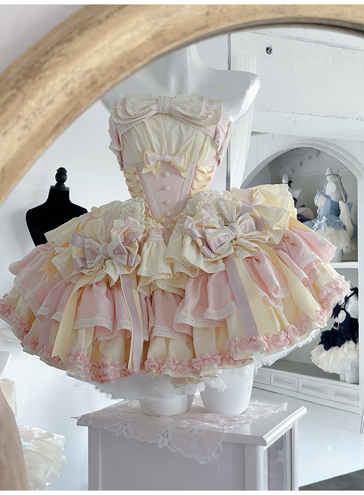 and Boned Ear Bowknot Waist Basque with Pink Skirt Dress Bunny Puffy on Sweet Yellow Design
