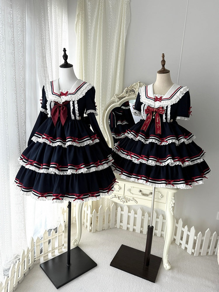 Sailor Set Lolita Navy Summer Dress Skirt Full OP Navycore Tiered Blue