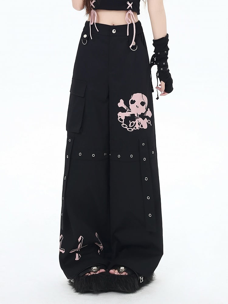 Wide-Leg Pants Black/Grey/Pink and Cross Print Pockets Cargo Skeleton