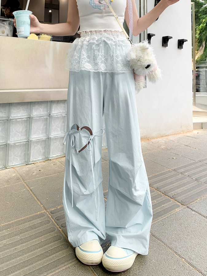 Blau/Rosa Hose mit weitem Bein und herzförmigem Ausschnitt und Kordelzug in der Taille