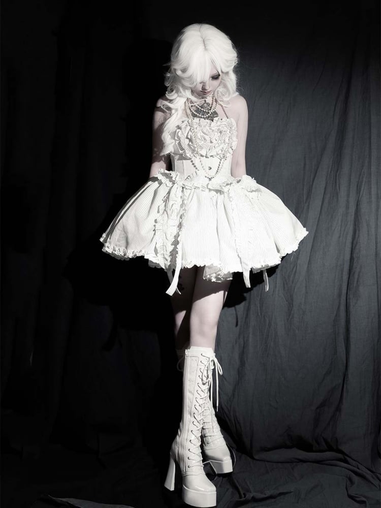 Gothic White Front Lace-up Ties Lace Platform High Block Heel Knee-high Boots