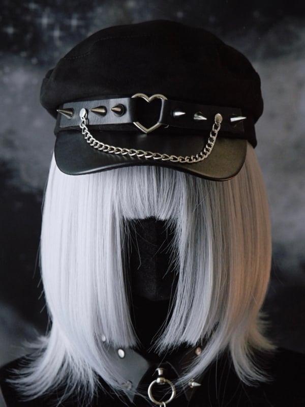 Herz-Charm-Ring Baskenmütze Details Hut Nieten Schwarze Gothic-Kette