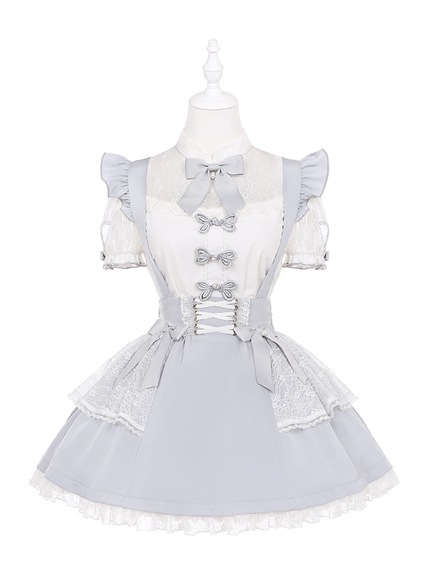 Ruffled Lace Trim Flutter Sleeves Kei Embellished Gray Bowknots Jirai Overalls