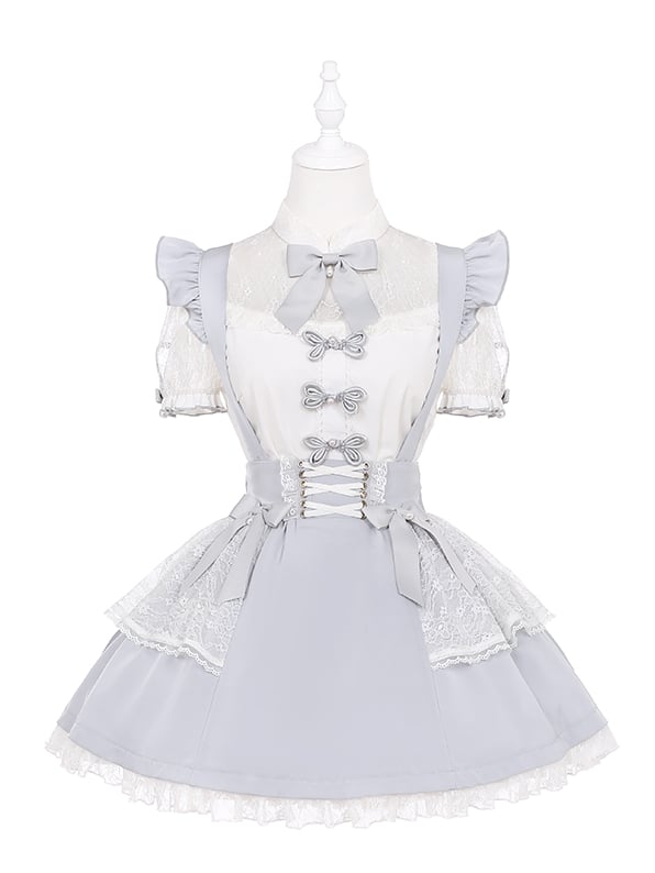 Illusion Details White Grey Bowknot Jirai Kei Neckline Blouse