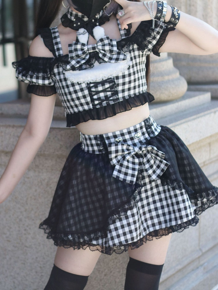 Off-the-shoulder Choker Bowknot+ Design Bunny Waist Plaid Idol High Neckline Skirt+ Set- Ears + Top Jirai Kei Black