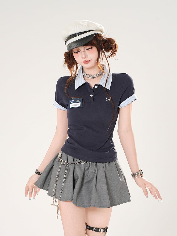 Preppy Style Rot/Marineblau Polokragen Slim-Fit T-Shirt Blau