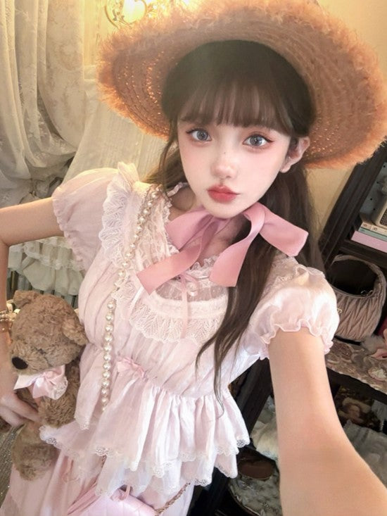 Lace Trim Hem With Peplum Top Puff Pink Sleeves