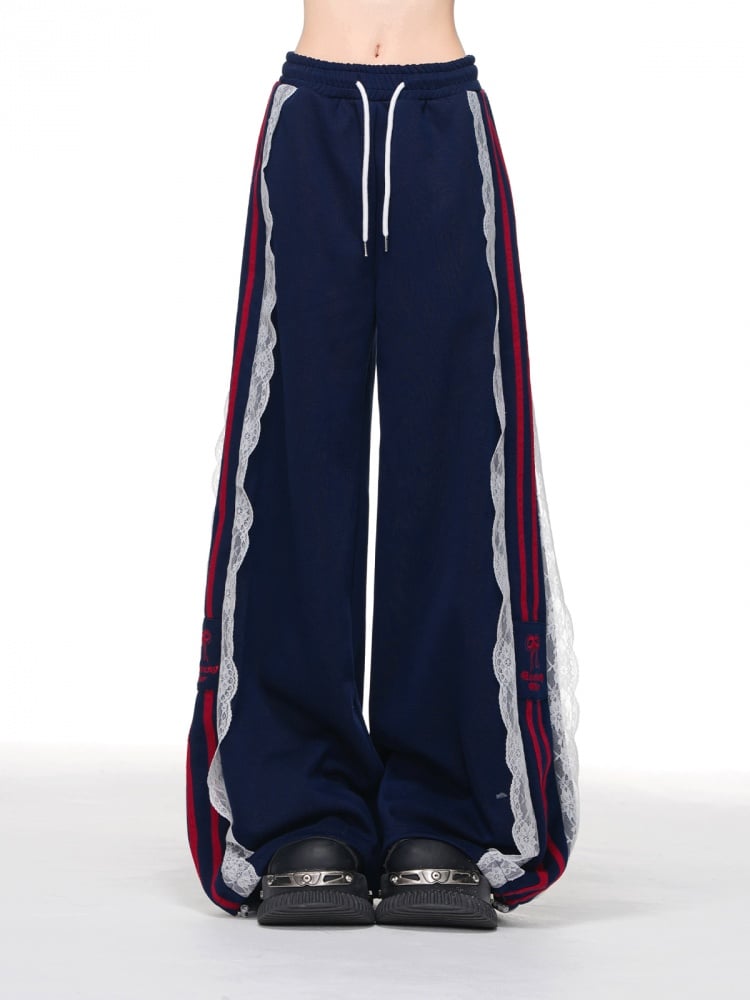 レーストリム ワイドレッグカット ブロックコアパンツ