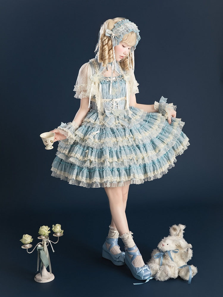 Lace with Lolita Details Embroidery and Tiered Goldfish Dress Sweet Ruffles Blue