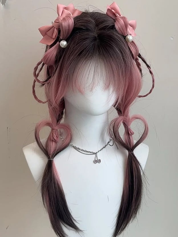 Pink-black Ombre Under Bust Length Straight Synthetic Wig With Bangs