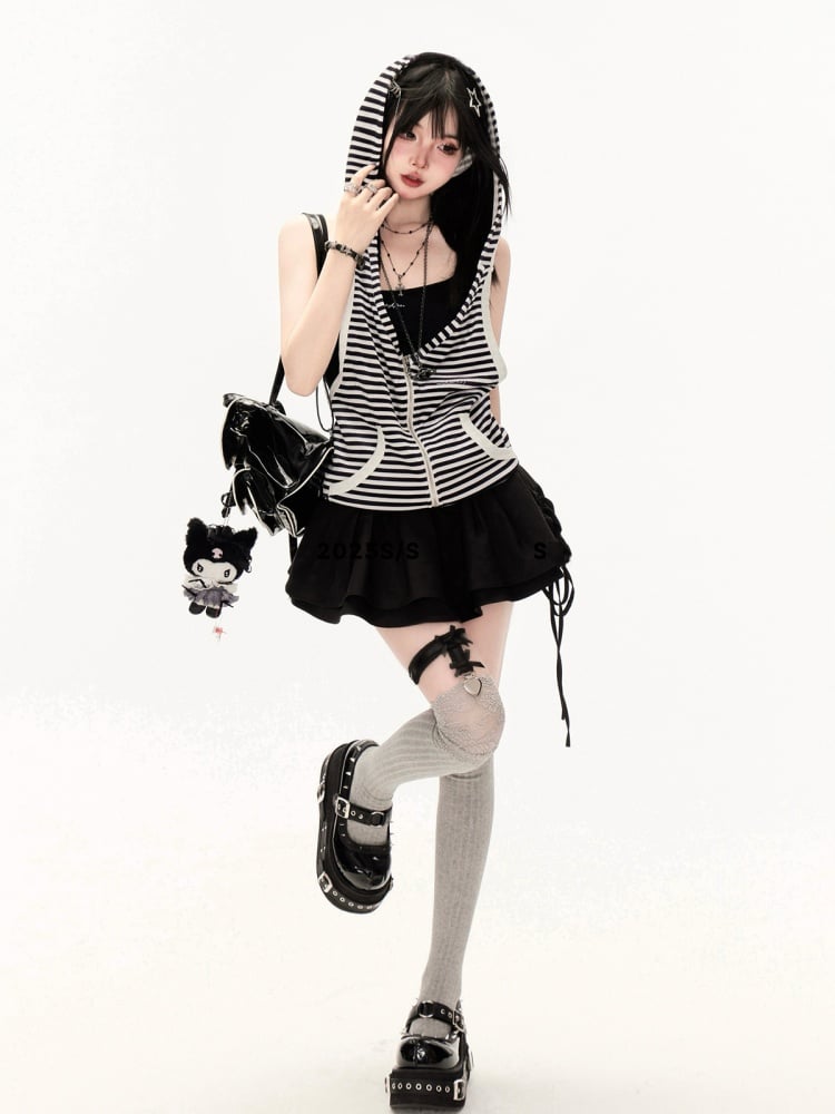 White Black Striped Pattern Backless Hooded Vest and
