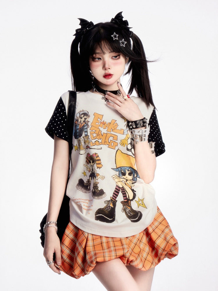 Puppy Orange Plaid Drawstring Waist Print Mini Bubble Skirt