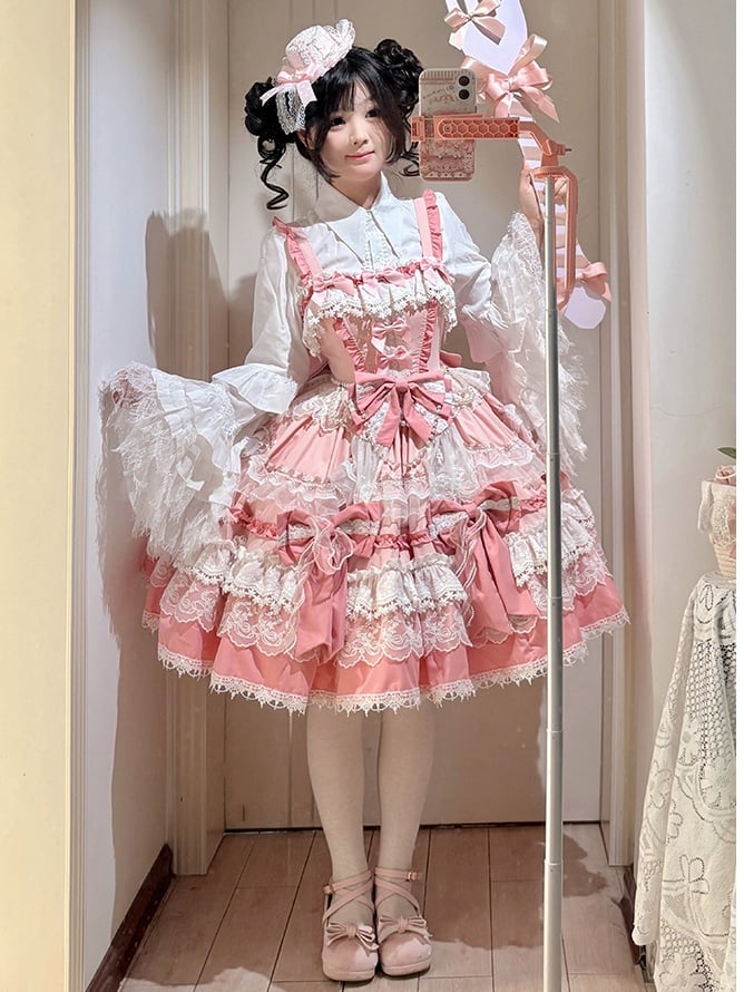 Pink Tiered Lolita Dress Sweet Bows Skirt and Details Bead Detachable