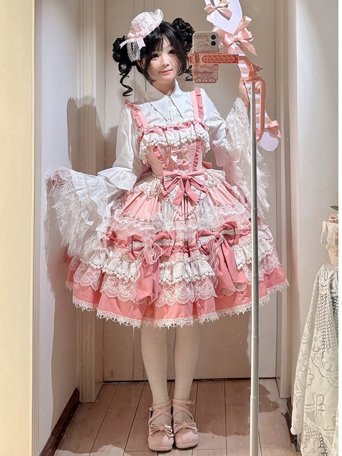 Rock und süßes Lolita-Kleid mit Perlen, abnehmbare Details, rosa gestufte Schleifen