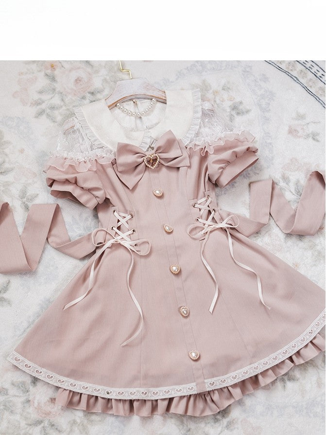 Lace Outfit-Lace-up Kei Ruffles Trim Sleeves Short Jirai Pink Shorts + Details Top