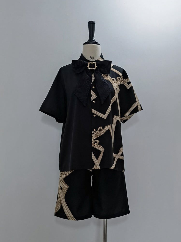 Asymmetrical Shorts Straight-leg Ouji Black Cut Print Lolita