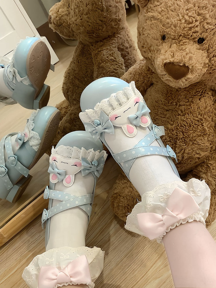 Süßes Design Crisscross Polka-dot Schuhe Lolita Bunny Spitze Applique Trim Muster Details Bowknot Blau