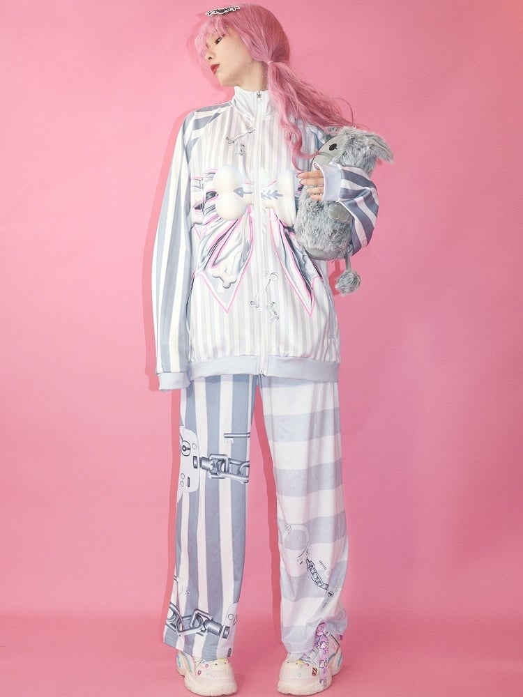 Pants Fashion Pattern Gyaru Gray Straight-leg Striped Cut