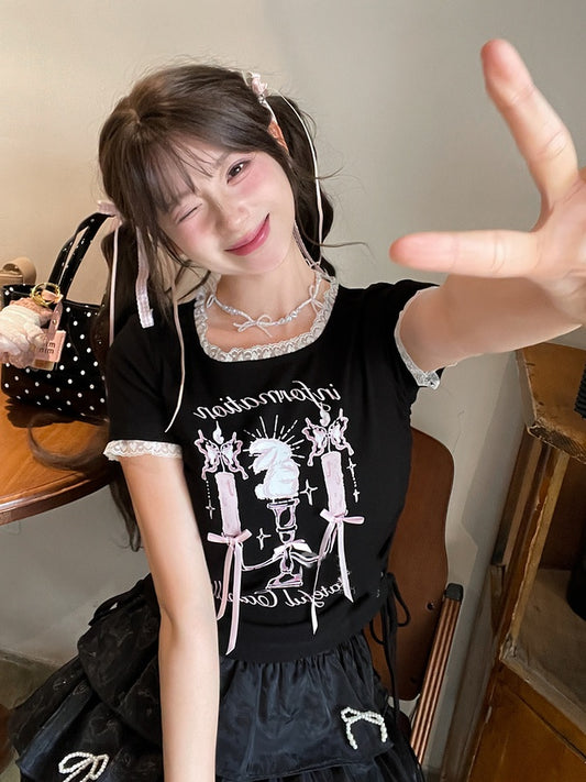 Black Square Neck Candlestick Print Drawstring Hem Lace Trim T-Shirt