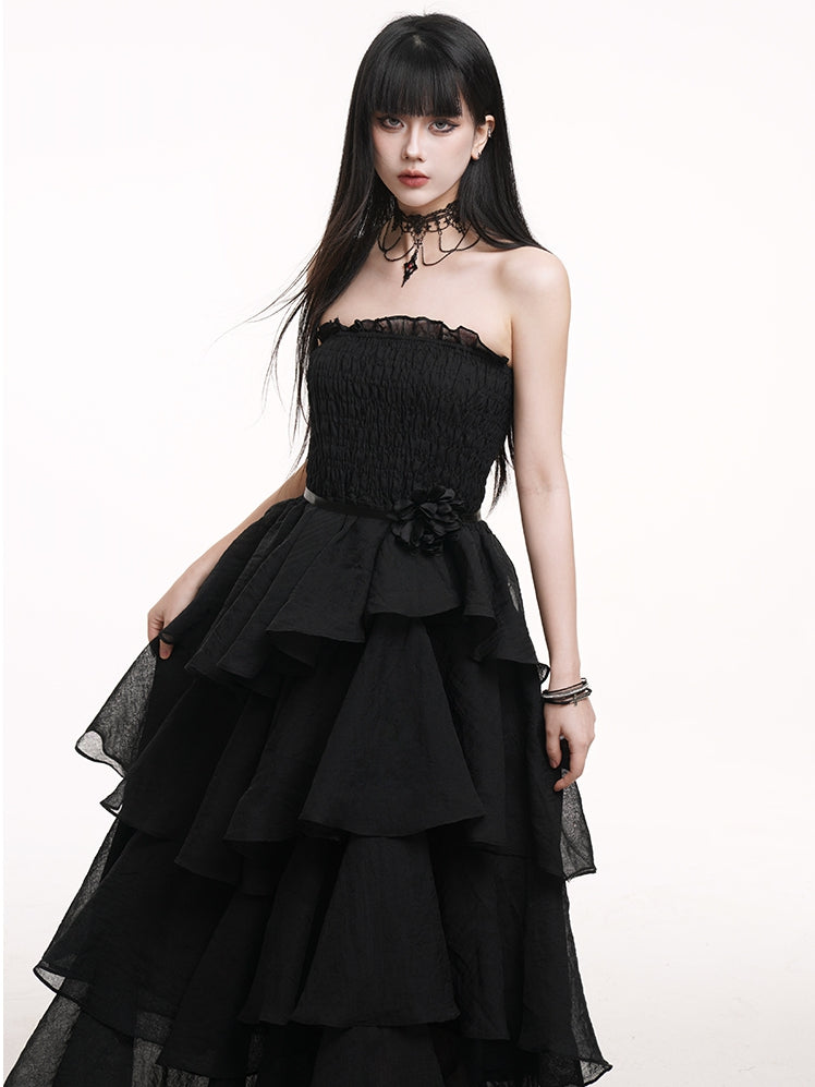 Waist Mesh Black High Prom Gown Dress Tiered Skirt