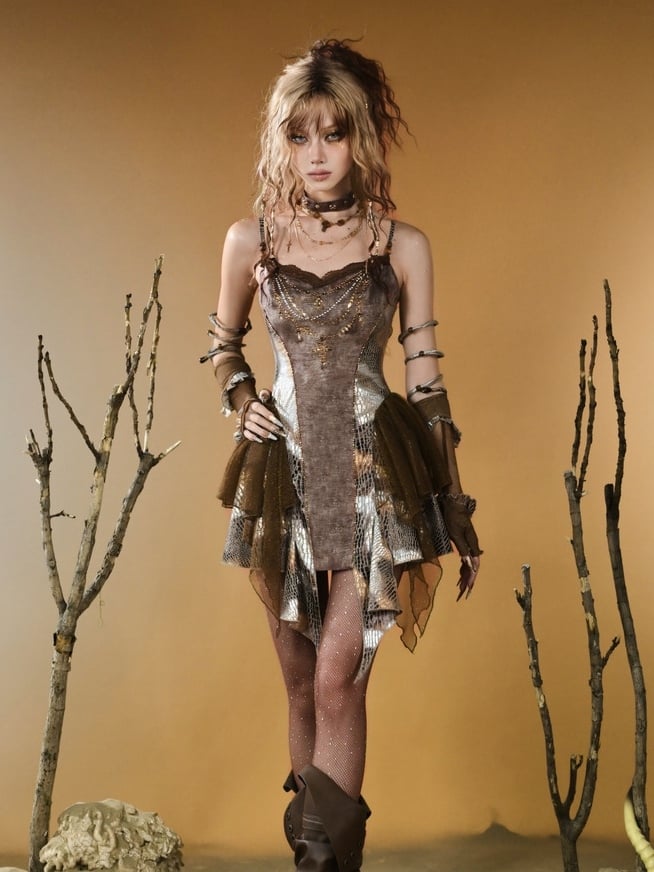 Asymmetrical Snakeskin Hem Pattern Punk Wasteland Brown Contrast Lace Patches Top Cami