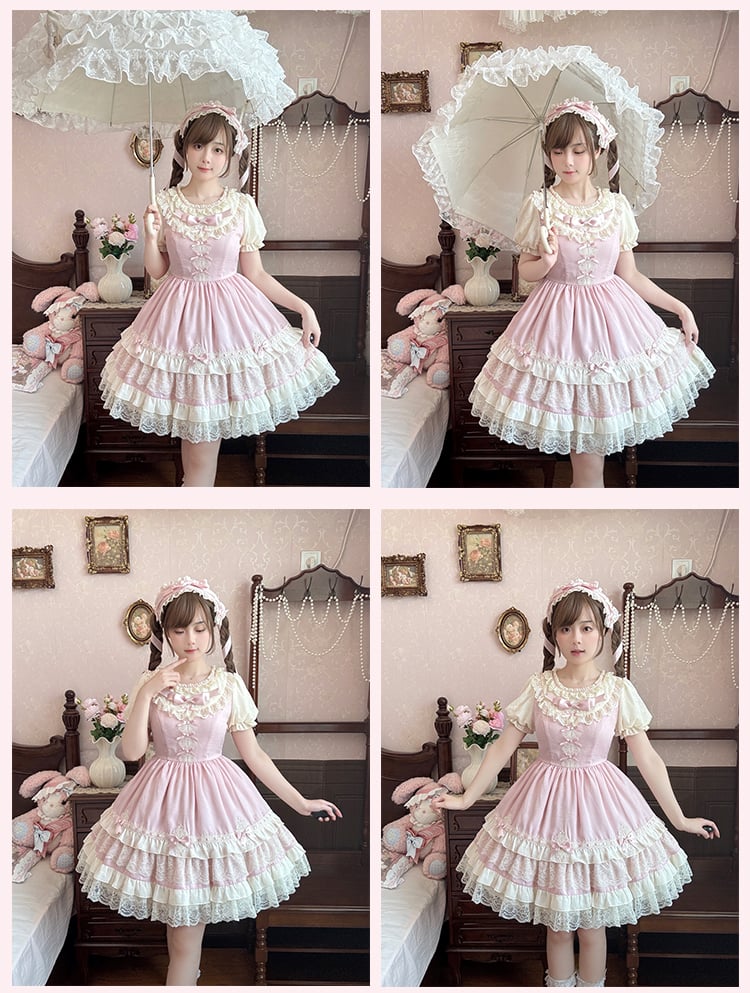 Süßes Lolita-Kleid mit Puffärmeln, Schleife, leichten Details, rosa OP, gestufter Spitzenbesatz