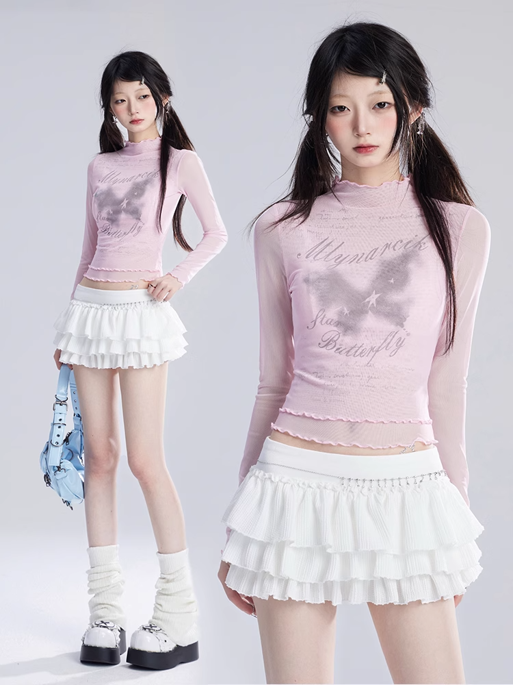 Mini Tiered Skirt Beige Low Balletcore Waist